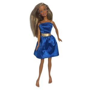 Barbie Doll 1999 Mattel With Blonde Hair Blue Satin Dress Gold Belt Face Paint